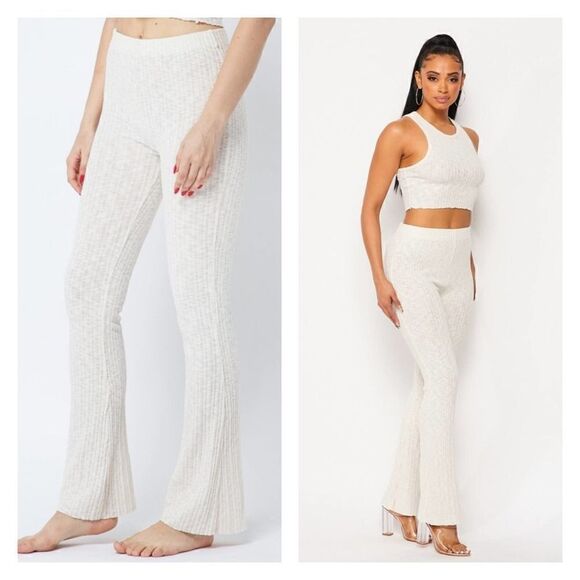 NEW Ribbed knit flared pants high waisted long rust Cotton Blend by AGRADE sexy - Picture 1 of 7